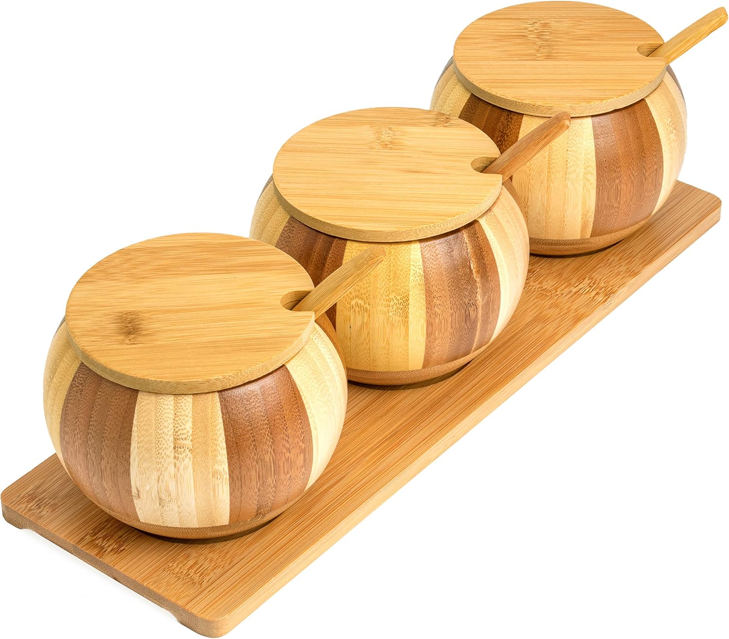 Bamboo Wooden Salt Boxes Set | Salt and Sugar Containers Set | Salt and Pepper Bowls Set with Lids, Spoons and Trays – Condiment Pots | Jars | Crocks | Dish for Salt, Sugar, Pepper, Spice & Seasoning