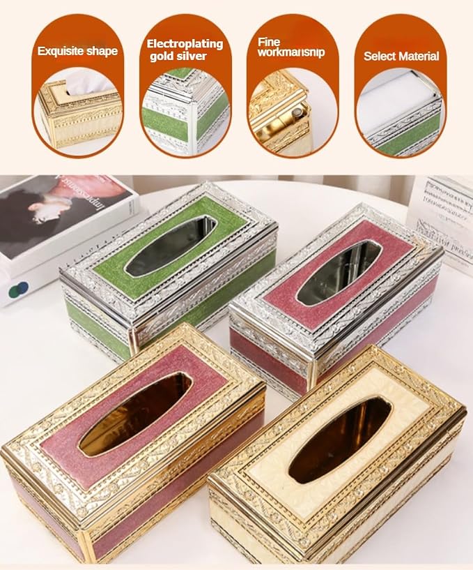 Luxury Gold Tissue Box Holder Decorative Tissue Dispenser Cover, Elegant Ornate Rectangular Tissue Holder for Home, Office, Living Room, Bedroom, Bathroom, Dining Table, Hotel and Car Interior