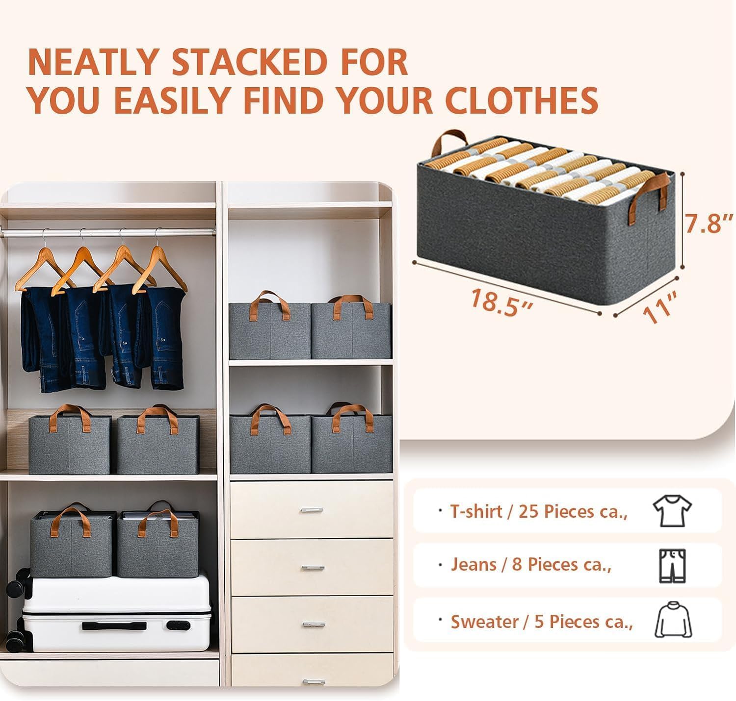 Large Foldable Clothes Storage Organizer Box with Handles, 47×28×20cm Fabric Closet Storage Bin for Clothes, Blankets, Bedding & Household Items