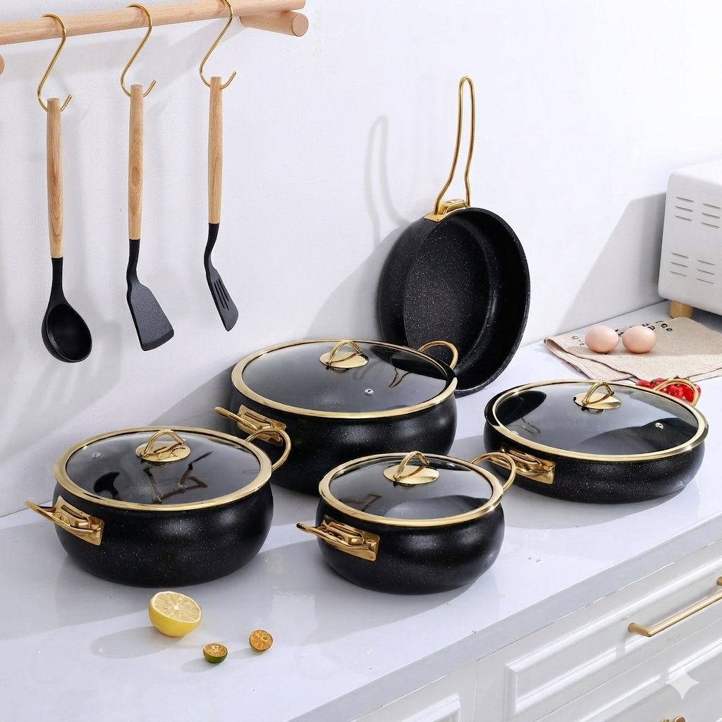 9-Piece Granite Casserole Cookware Set with Glass Lids, Non-Stick Cooking Pots and Frying Pan, 4 Saucepan Sizes with Gold Handles, Heat-Resistant Kitchen Cooking Set for Home