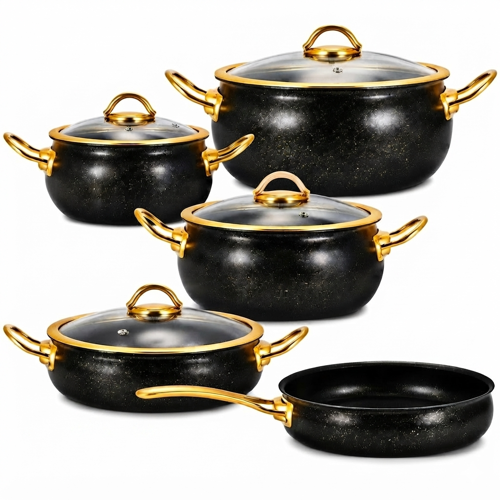 9-Piece Granite Casserole Cookware Set with Glass Lids, Non-Stick Cooking Pots and Frying Pan, 4 Saucepan Sizes with Gold Handles, Heat-Resistant Kitchen Cooking Set for Home