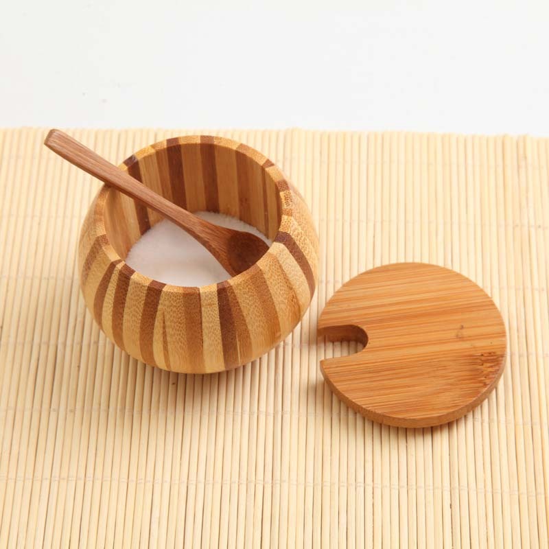 Bamboo Wooden Salt Boxes Set | Salt and Sugar Containers Set | Salt and Pepper Bowls Set with Lids, Spoons and Trays – Condiment Pots | Jars | Crocks | Dish for Salt, Sugar, Pepper, Spice & Seasoning
