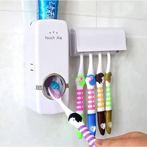 Automatic Toothpaste Dispenser & Toothbrush Holder Wall Mounted Bathroom Organizer with 5 Toothbrush Slots, Touch-Free Toothpaste Squeezer Dispenser