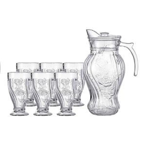 7-Piece Glass Pitcher Set with 1 Water Jug & 6 Drinking Glasses, Elegant Ribbed Glass Drinkware Set with Lid for Water, Juice, Milk & Home Serving