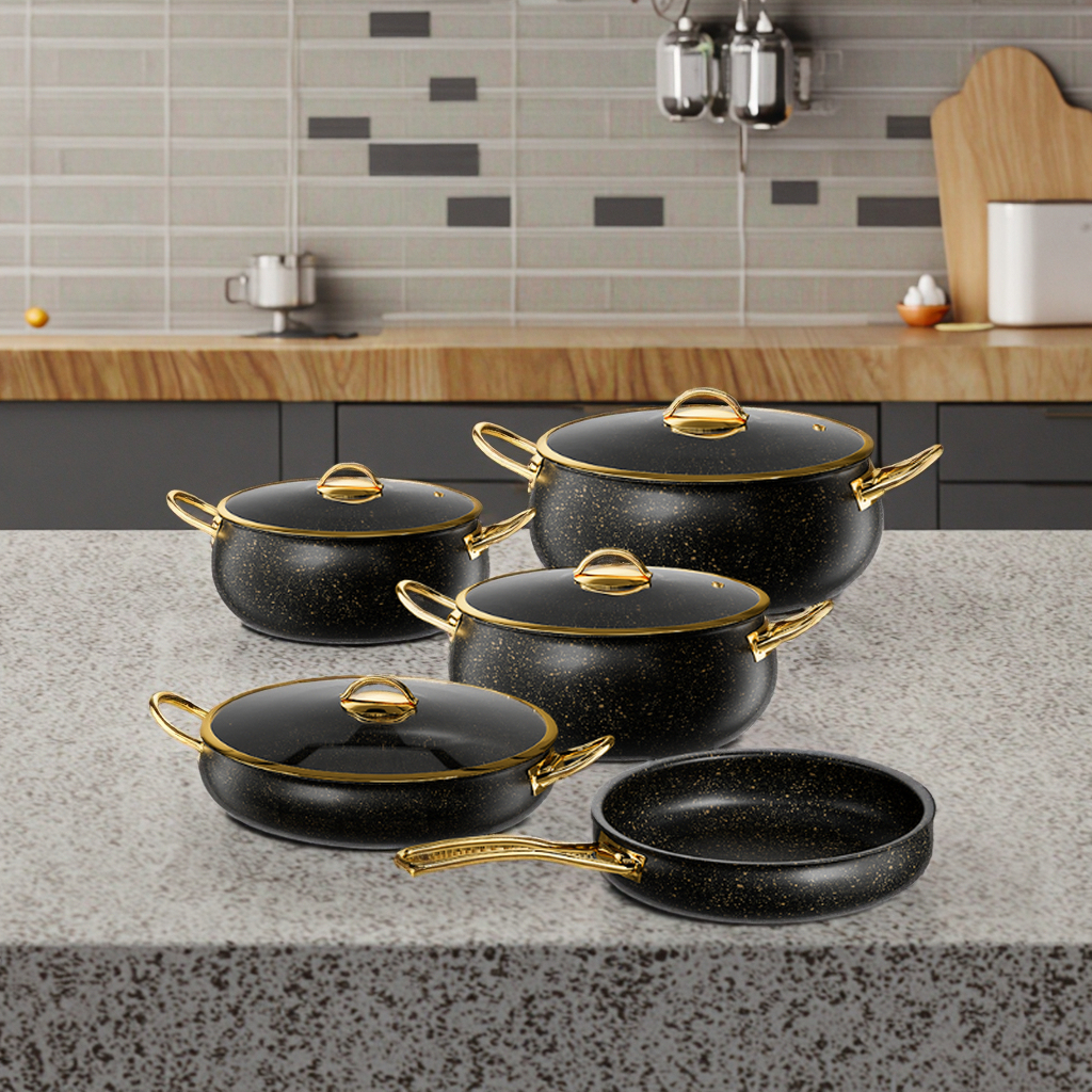 9-Piece Granite Casserole Cookware Set with Glass Lids, Non-Stick Cooking Pots and Frying Pan, 4 Saucepan Sizes with Gold Handles, Heat-Resistant Kitchen Cooking Set for Home