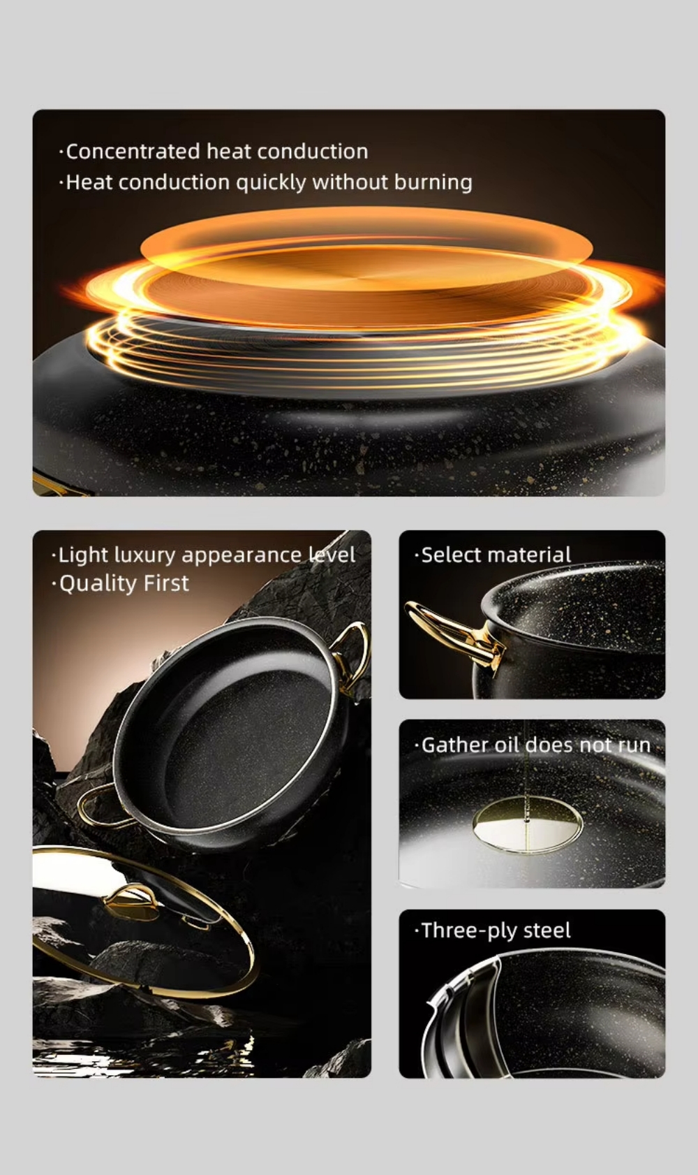 9-Piece Granite Casserole Cookware Set with Glass Lids, Non-Stick Cooking Pots and Frying Pan, 4 Saucepan Sizes with Gold Handles, Heat-Resistant Kitchen Cooking Set for Home