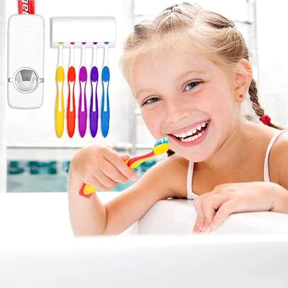 Automatic Toothpaste Dispenser & Toothbrush Holder Wall Mounted Bathroom Organizer with 5 Toothbrush Slots, Touch-Free Toothpaste Squeezer Dispenser