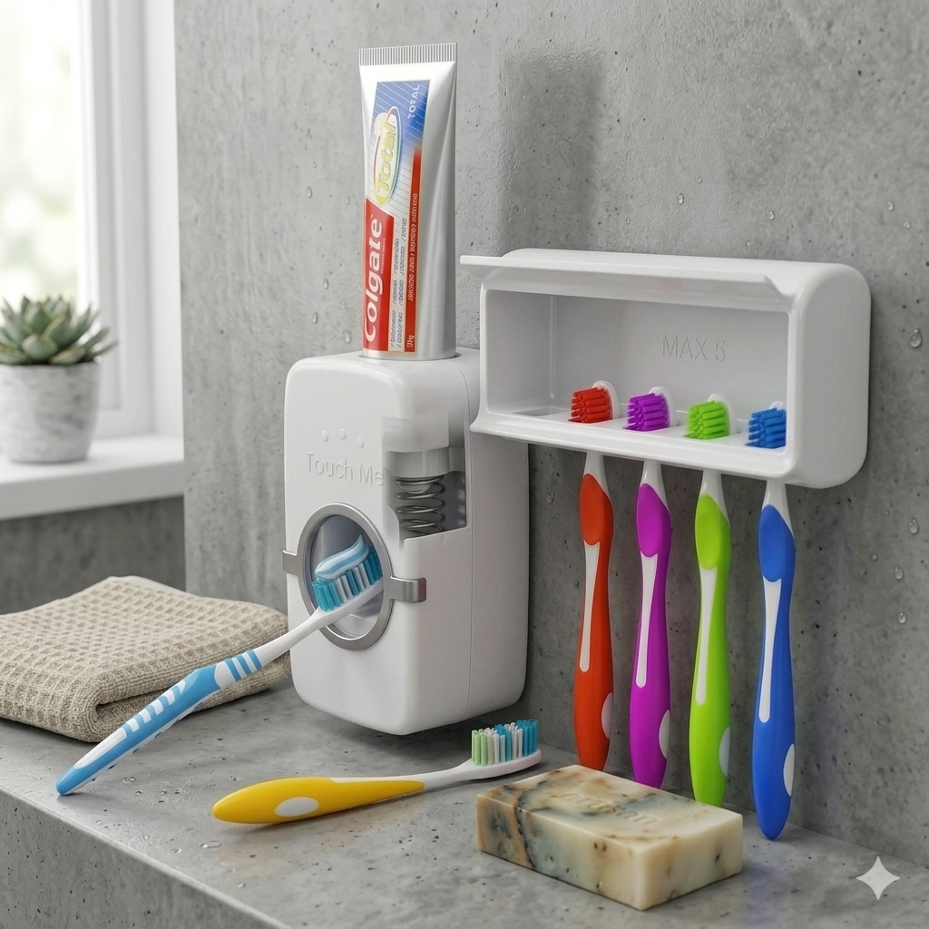 Automatic Toothpaste Dispenser & Toothbrush Holder Wall Mounted Bathroom Organizer with 5 Toothbrush Slots, Touch-Free Toothpaste Squeezer Dispenser