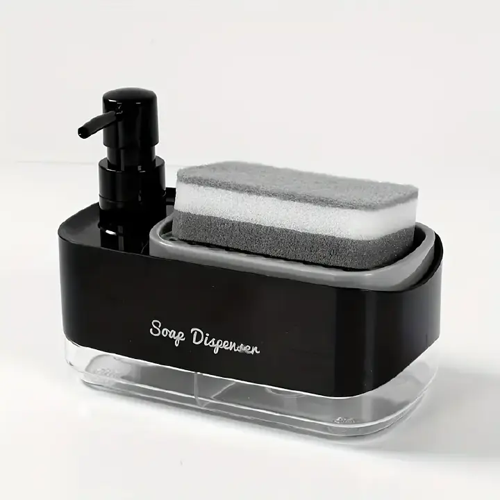 Black plastic 2-in-1 countertop soap dispenser and sponge caddy featuring a manual pump and a built-in tray holding a cleaning sponge