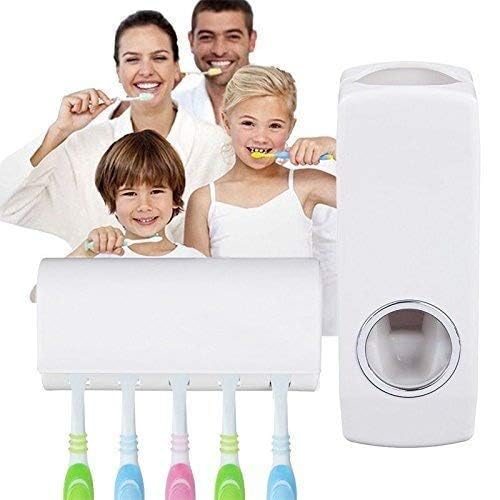 Automatic Toothpaste Dispenser & Toothbrush Holder Wall Mounted Bathroom Organizer with 5 Toothbrush Slots, Touch-Free Toothpaste Squeezer Dispenser