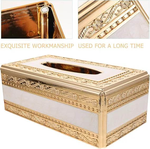 Luxury Gold Tissue Box Holder Decorative Tissue Dispenser Cover, Elegant Ornate Rectangular Tissue Holder for Home, Office, Living Room, Bedroom, Bathroom, Dining Table, Hotel and Car Interior