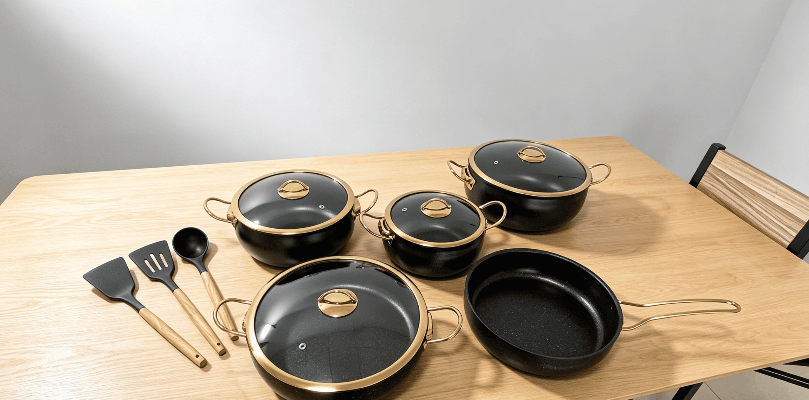 9-Piece Granite Casserole Cookware Set with Glass Lids, Non-Stick Cooking Pots and Frying Pan, 4 Saucepan Sizes with Gold Handles, Heat-Resistant Kitchen Cooking Set for Home