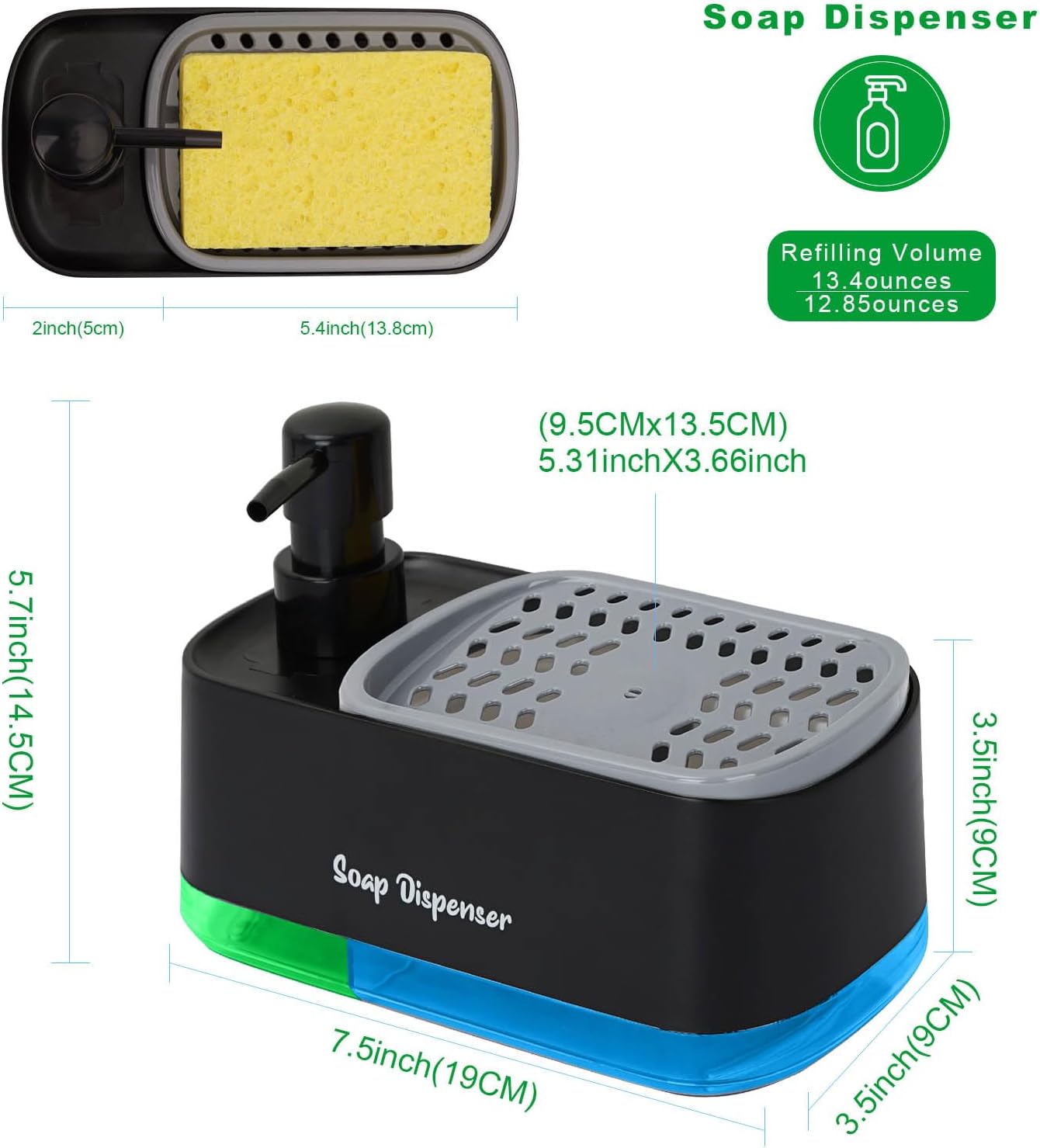 Black plastic 2-in-1 countertop soap dispenser and sponge caddy featuring a manual pump and a built-in tray holding a cleaning sponge