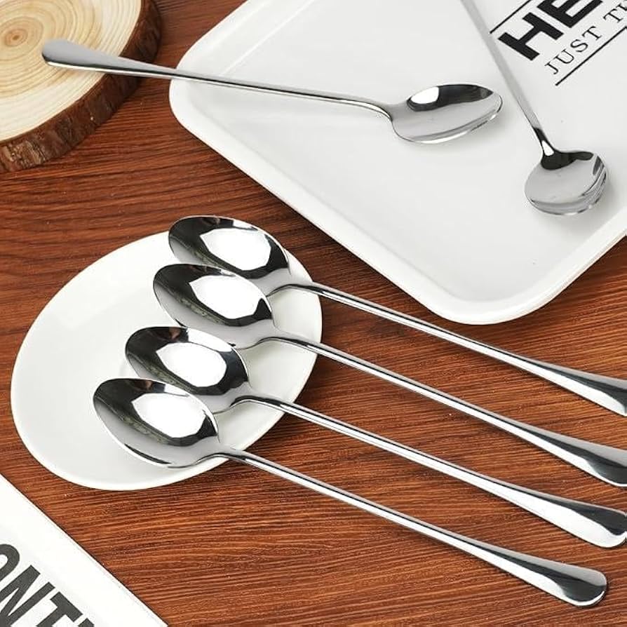 6-Pieces Long Tea spoon Stainless Steel Stirring Spoons – Elegant Mirror Finish for Juice, Ice Cream, Coffee & Desserts