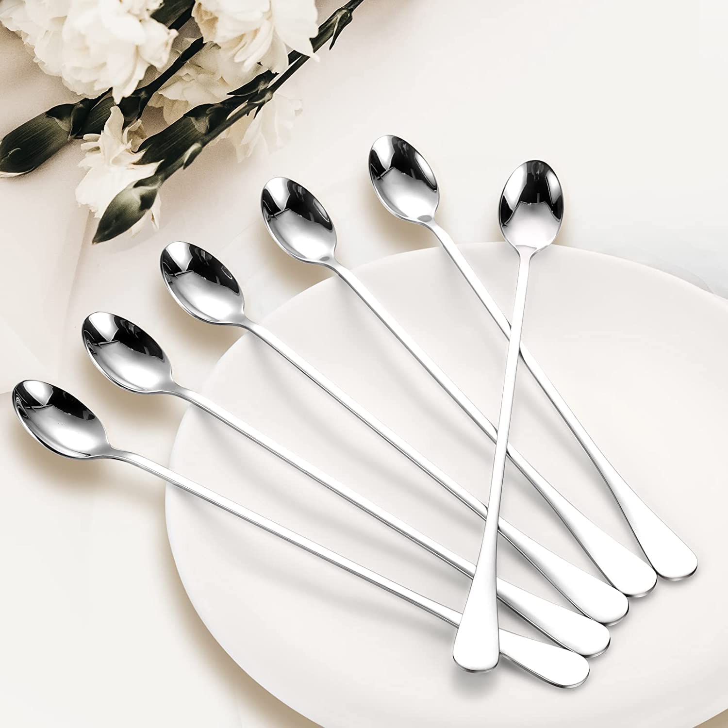 6-Pieces Long Tea spoon Stainless Steel Stirring Spoons – Elegant Mirror Finish for Juice, Ice Cream, Coffee & Desserts