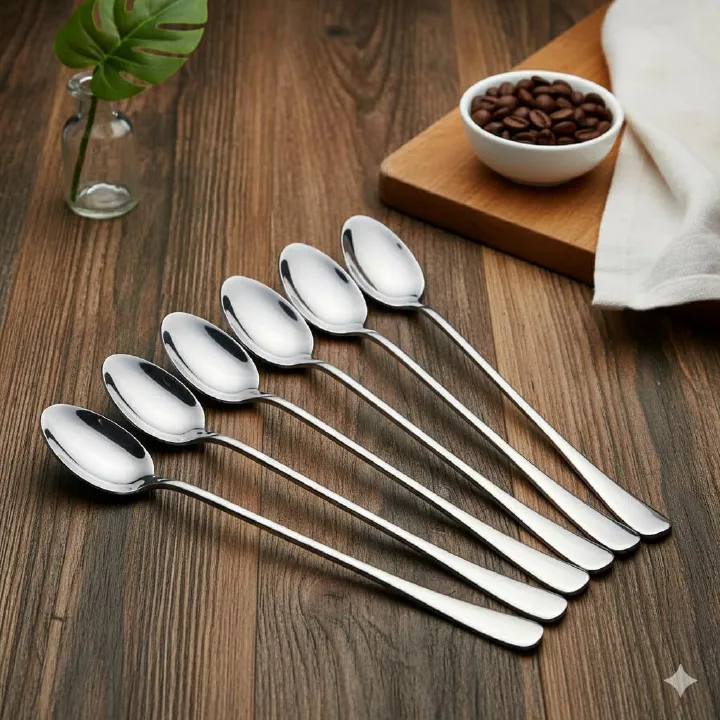 6-Pieces Long Tea spoon Stainless Steel Stirring Spoons – Elegant Mirror Finish for Juice, Ice Cream, Coffee & Desserts