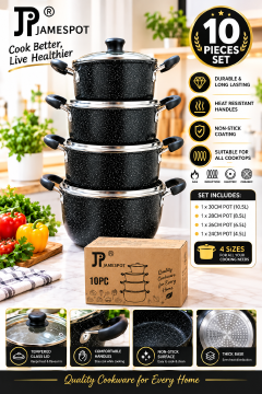 Jamespot Set of 10PCS Die Cast Set Iron Heavy Non-stick Cookware Set Sufuria Set cooking pot set Suitable for induction cookers(5PCS 18/20/22/24/26cm Pots+5pcs Lids)