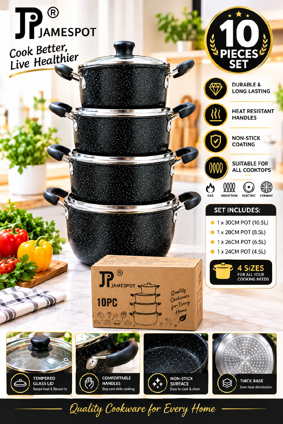 Jamespot Set of 10PCS Die Cast Set Iron Heavy Non-stick Cookware Set Sufuria Set cooking pot set Suitable for induction cookers(5PCS 18/20/22/24/26cm Pots+5pcs Lids)