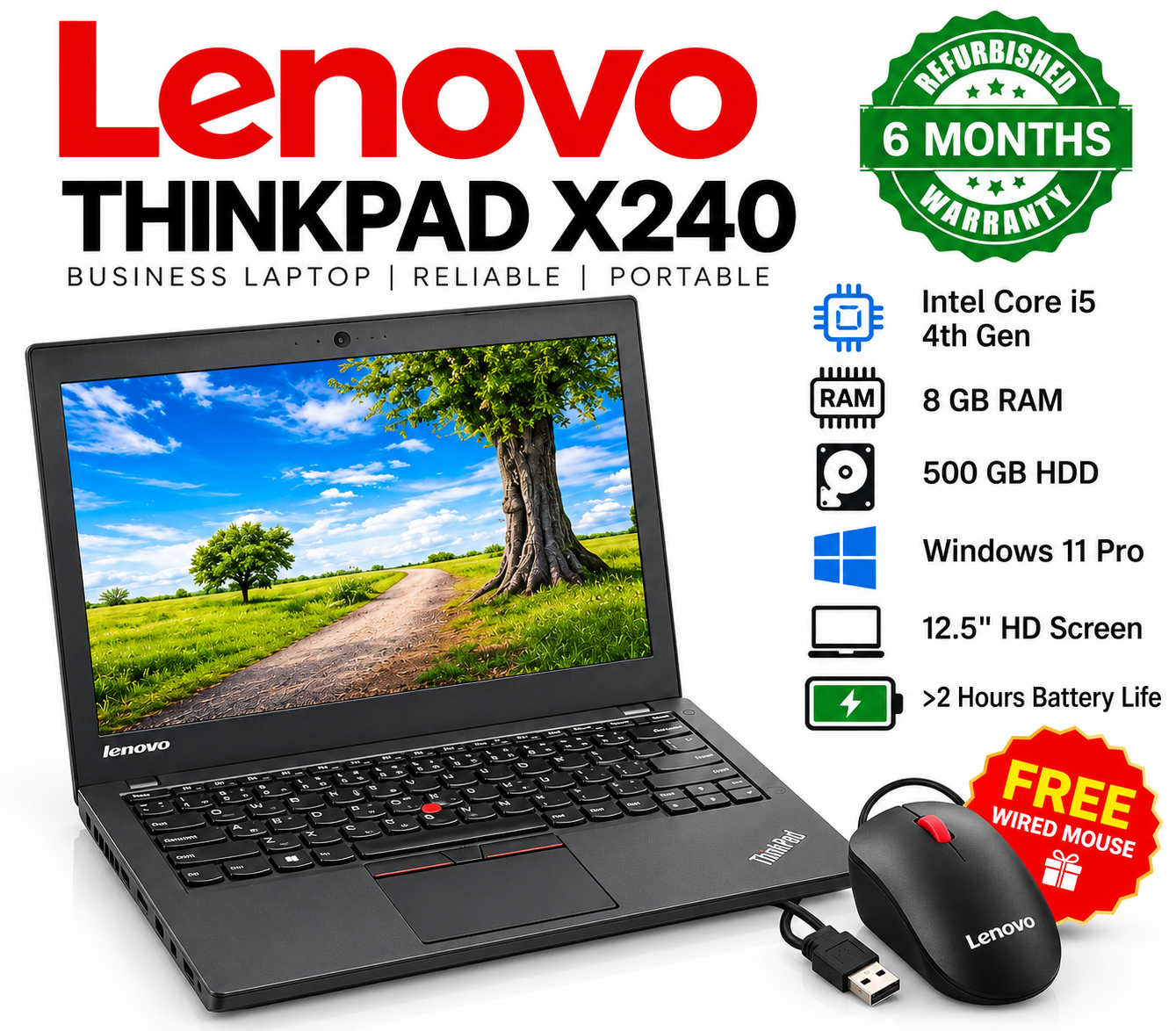 Lenovo ThinkPad X240 Core i5 Laptop | 8GB RAM | 500GB HDD | 12.5″ HD | Windows 11 Pro | Office + FREE Mouse