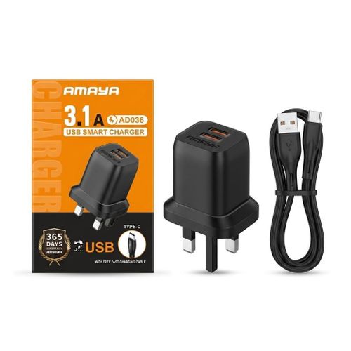 Amaya 3.1A Dual Port Fast Charger USB Type-C Charger Kit – Android Fast Charging Adapter With Type C Cable For Samsung, Tecno, Infinix, Xiaomi, Oppo, Vivo, Huawei