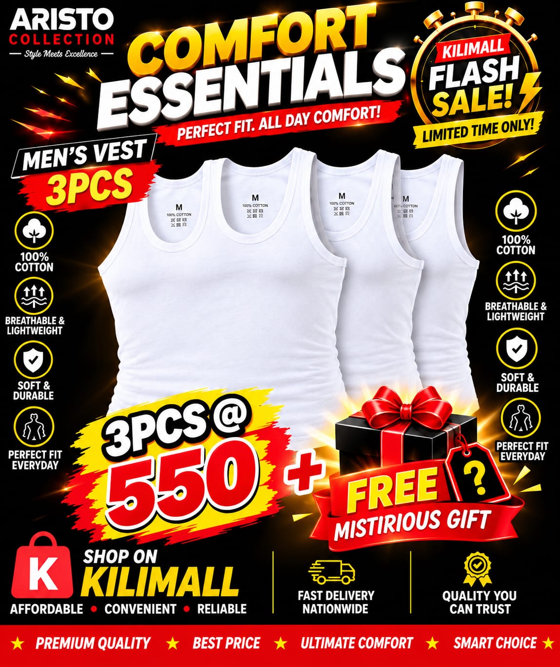 🔥 PREMIUM MEN’S VEST – 3PCS DEAL! 🔥 Comfortable, breathable & durable Victan Standard men’s vests 👌 Was KSh 1,599, now only KSh 550 🎉 Mystery Gift Inside 🎁 | Limited Stock | Shop Now on Kilimall
