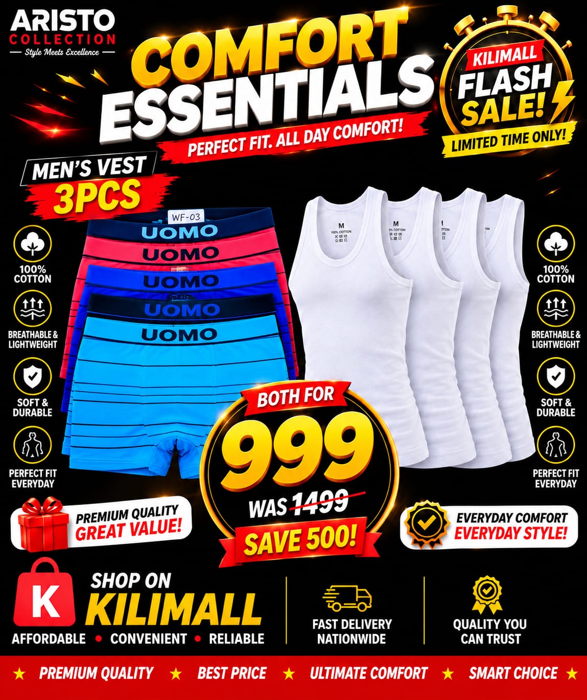 🔥 FLASH SALE! 🔥 Upgrade your everyday comfort! 🩳👕 ✅ uomo  Boxers 3PCS + Men's white Vest 3PCS 💥 Both for only KSh 999 ⏳ Limited stock – Order now on Kilima