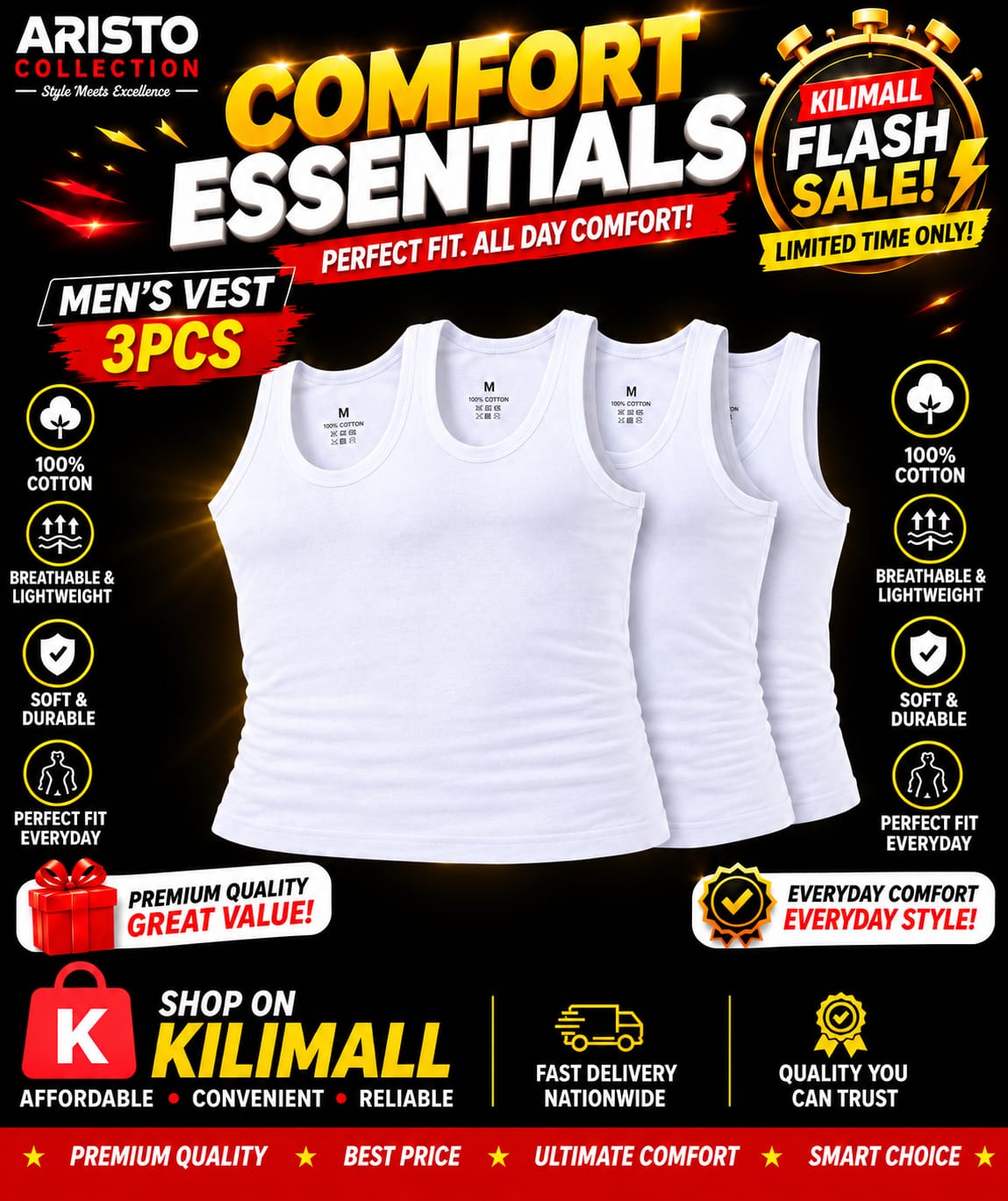 🔥 PREMIUM MEN’S VEST – 3PCS DEAL! 🔥 Comfortable, breathable & durable Victan Standard men’s vests 👌 Was KSh 1,599, now only KSh 550 🎉 Mystery Gift Inside 🎁 | Limited Stock | Shop Now on Kilimall