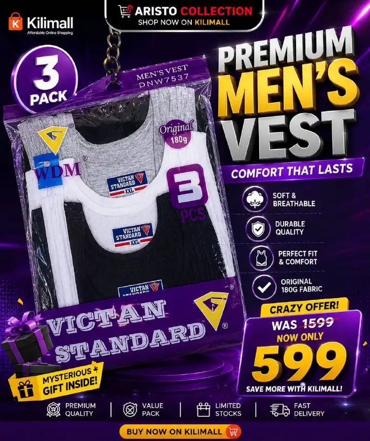 🔥 PREMIUM MEN’S VEST – 3PCS DEAL! 🔥 Comfortable, breathable & durable Victan Standard men’s vests 👌 Was KSh 1,599, now only KSh 599! 🎉 Mystery Gift Inside 🎁 | Limited Stock | Shop Now on Kilimall