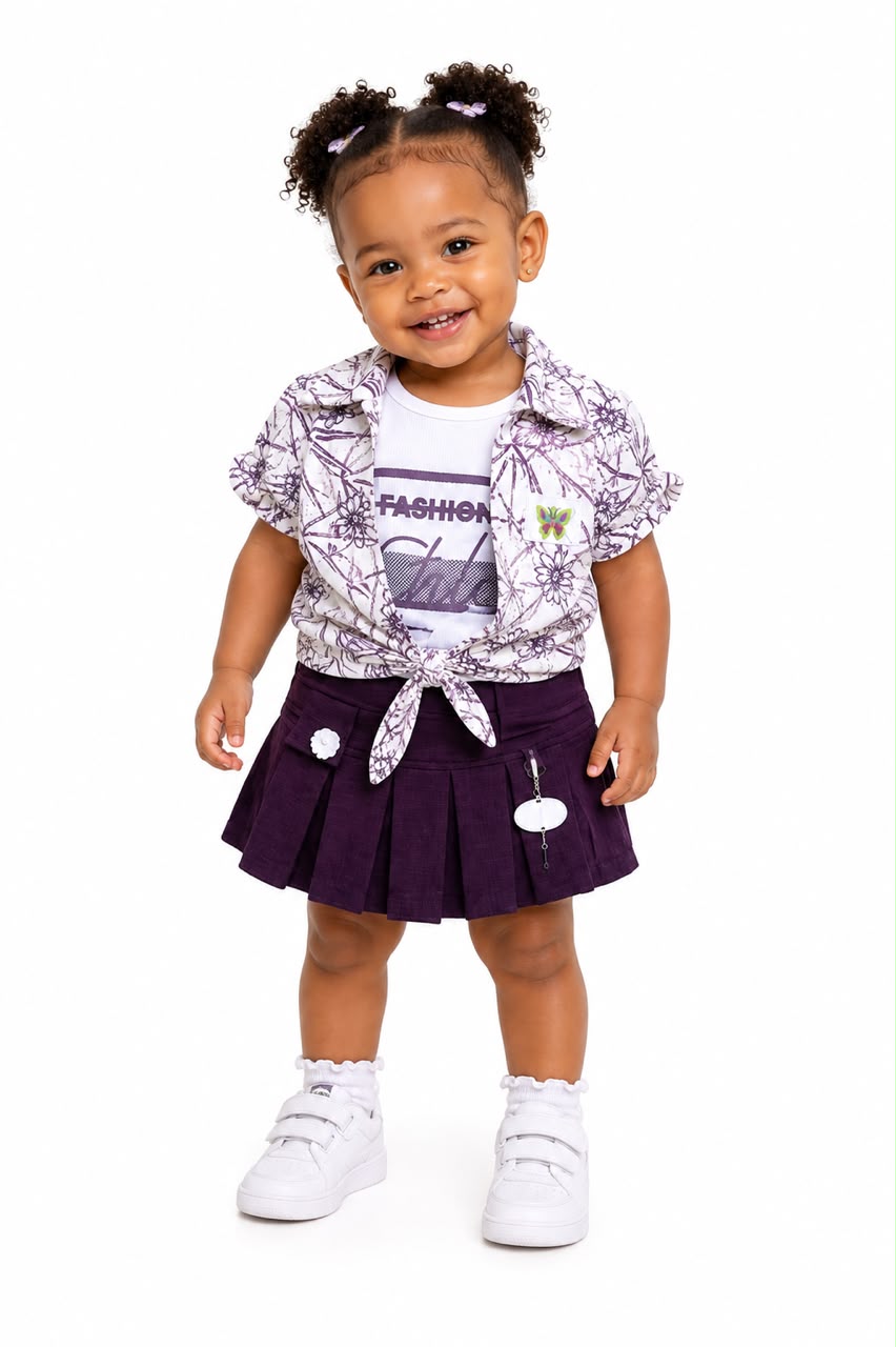 Cute girls Clothing Set Children 3 Piece Outfits Floral Print Shirt T-Shirt Pleated Skirt Kids Fashion Clothes Suit Toddler Girl Casual Party Wear School Uniform Style Purple White