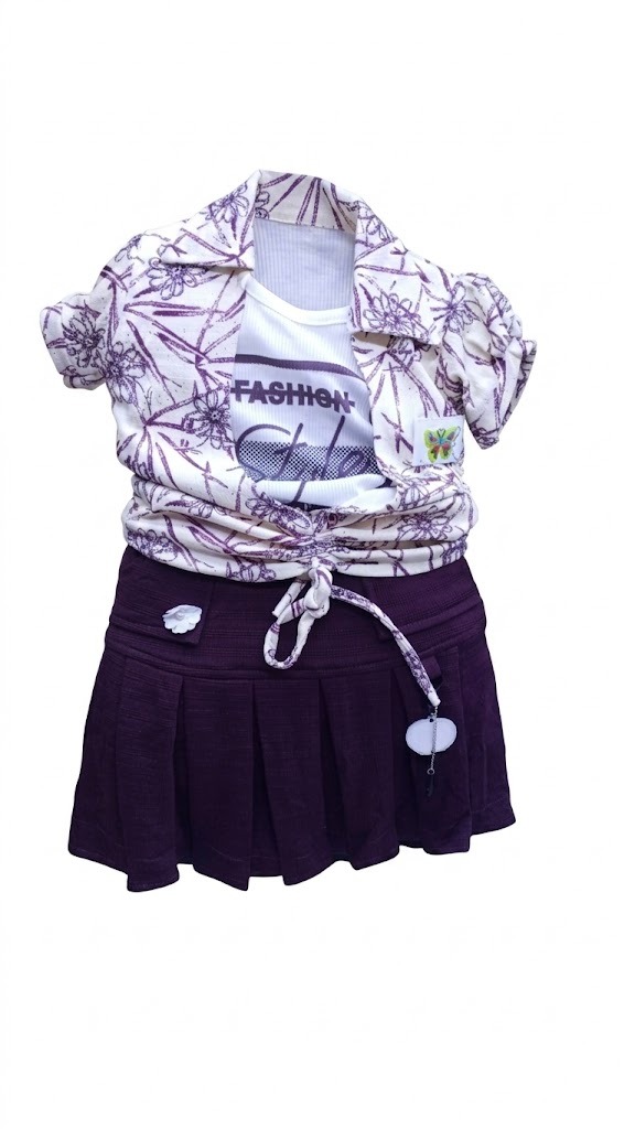 Cute girls Clothing Set Children 3 Piece Outfits Floral Print Shirt T-Shirt Pleated Skirt Kids Fashion Clothes Suit Toddler Girl Casual Party Wear School Uniform Style Purple White