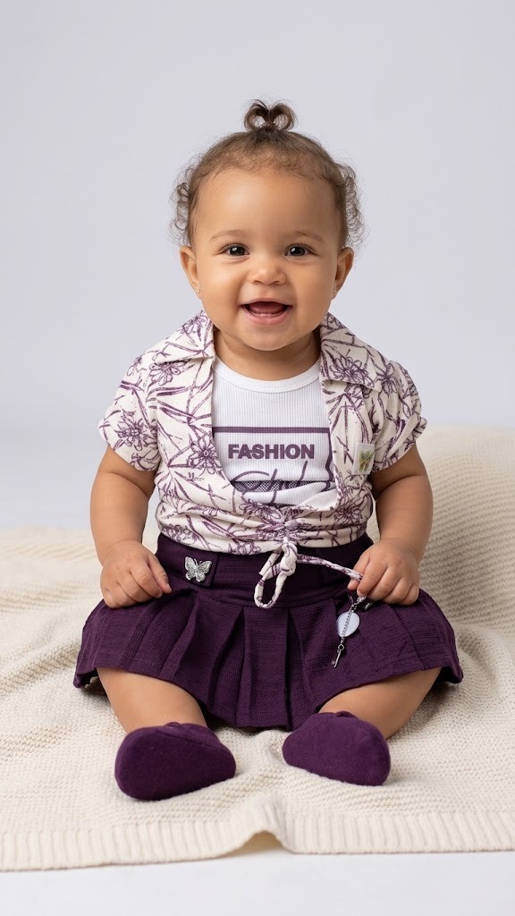 Cute girls Clothing Set Children 3 Piece Outfits Floral Print Shirt T-Shirt Pleated Skirt Kids Fashion Clothes Suit Toddler Girl Casual Party Wear School Uniform Style Purple White