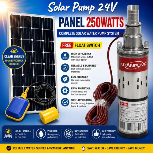 RUTANPUMP RUTAN PUMP Complete 24V 50M Lift Deep Well Pump Submersible Solar Powered Water Pump + 250w panel + Float switch