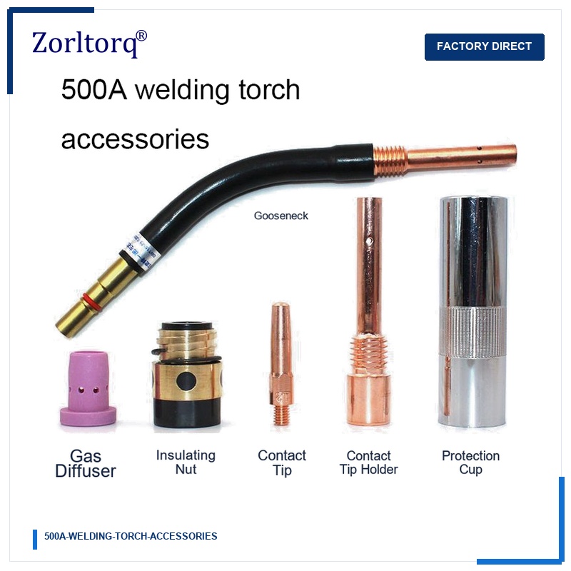 500A MIG CO2 Welding Torch Accessories Protection Cup Contact Tip Insulating Nut Gas Diffuser and Gooseneck