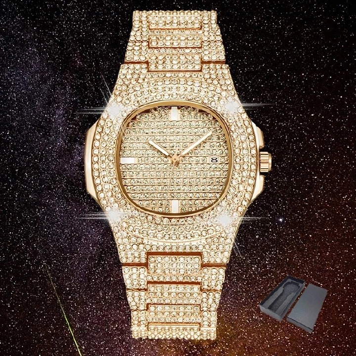 Unisex Luxury Iced-Out Watch Quartz Watch – Fully Blinged Rhinestone Wristwatch Ice Stoned Dial & Crystal -Embellished Strap Elegance for Men & Women