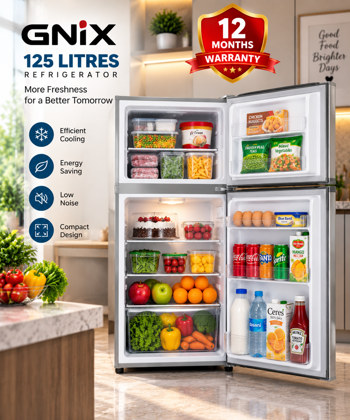 GNIX 2-Door Fridge-Freezer 125 Litres Defrost – GL-FR155-DF-S