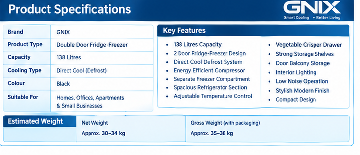 GNIX 2-Door Fridge-Freezer 138 Litres Defrost – GL-FR168-DF-S