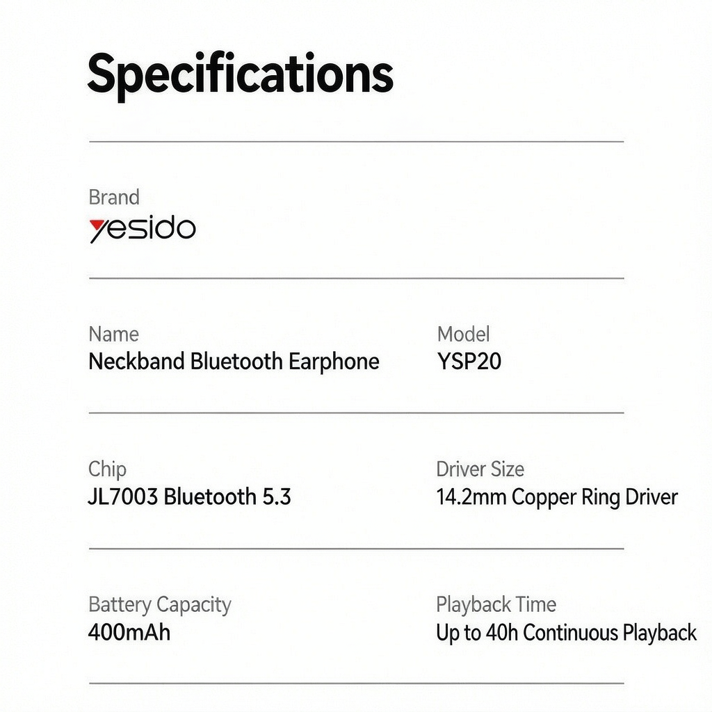 yesido YSP20 Neckband Bluetooth Earphone Wireless Sports Magnetic 40H Playtime with Mic Type-C