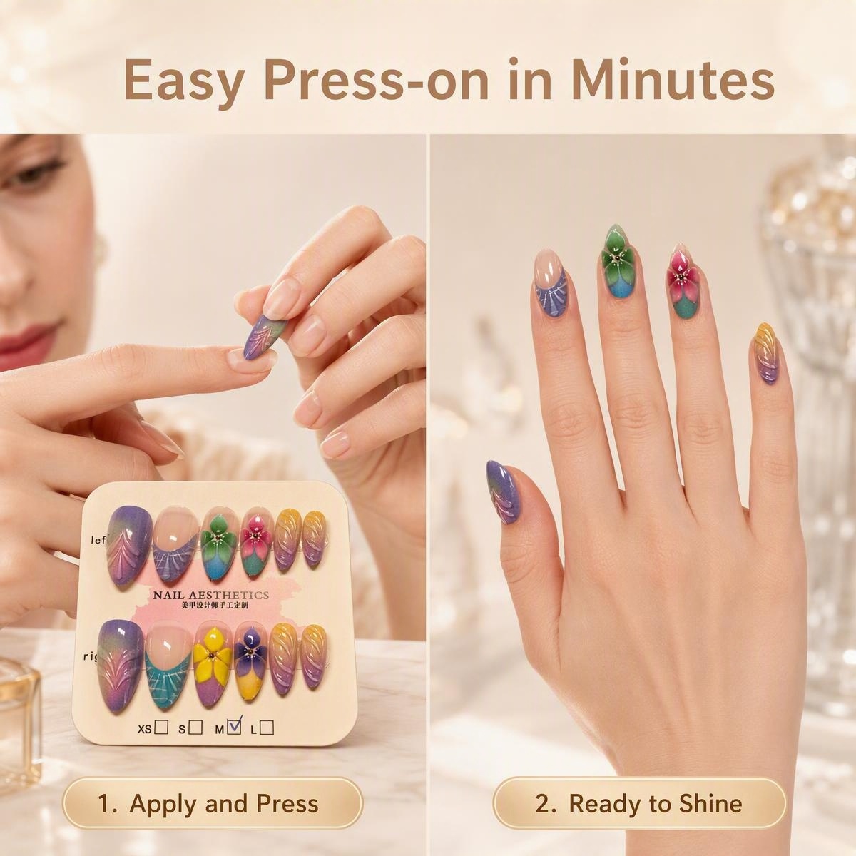 fake nail 3D Embossed Floral Press On Nails, Orange Pink Green Gradient Spring Manicure Reusable Acrylics
