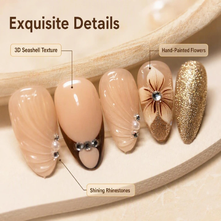 fake nail 3D Embossed Floral Press On Nails, Orange Pink Green Gradient Spring Manicure Reusable Acrylics