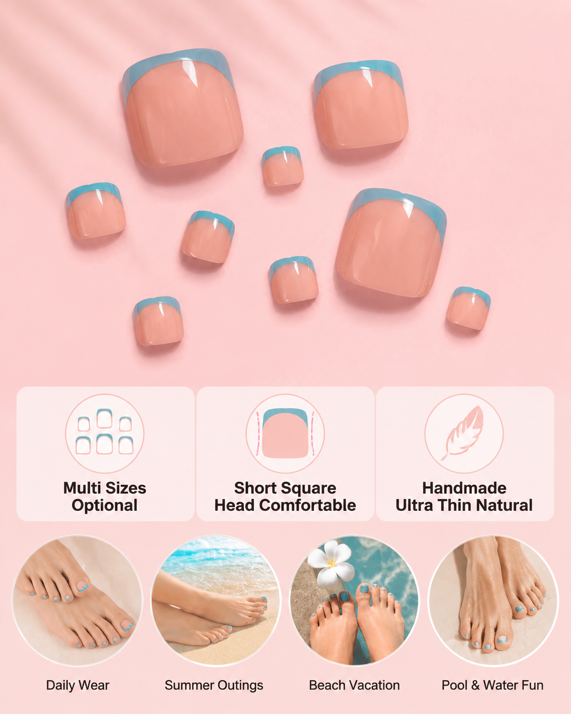 48PCS fake nail Light pink solid color handmade On Nails  Full Set Reusable Acrylics