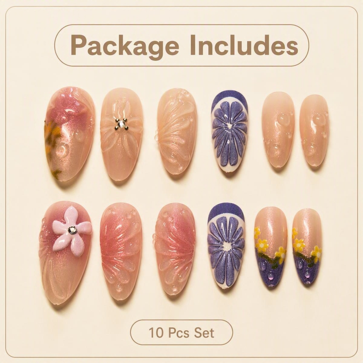 fake nail 3D Embossed Floral Press On Nails, Orange Pink Green Gradient Spring Manicure Reusable Acrylics