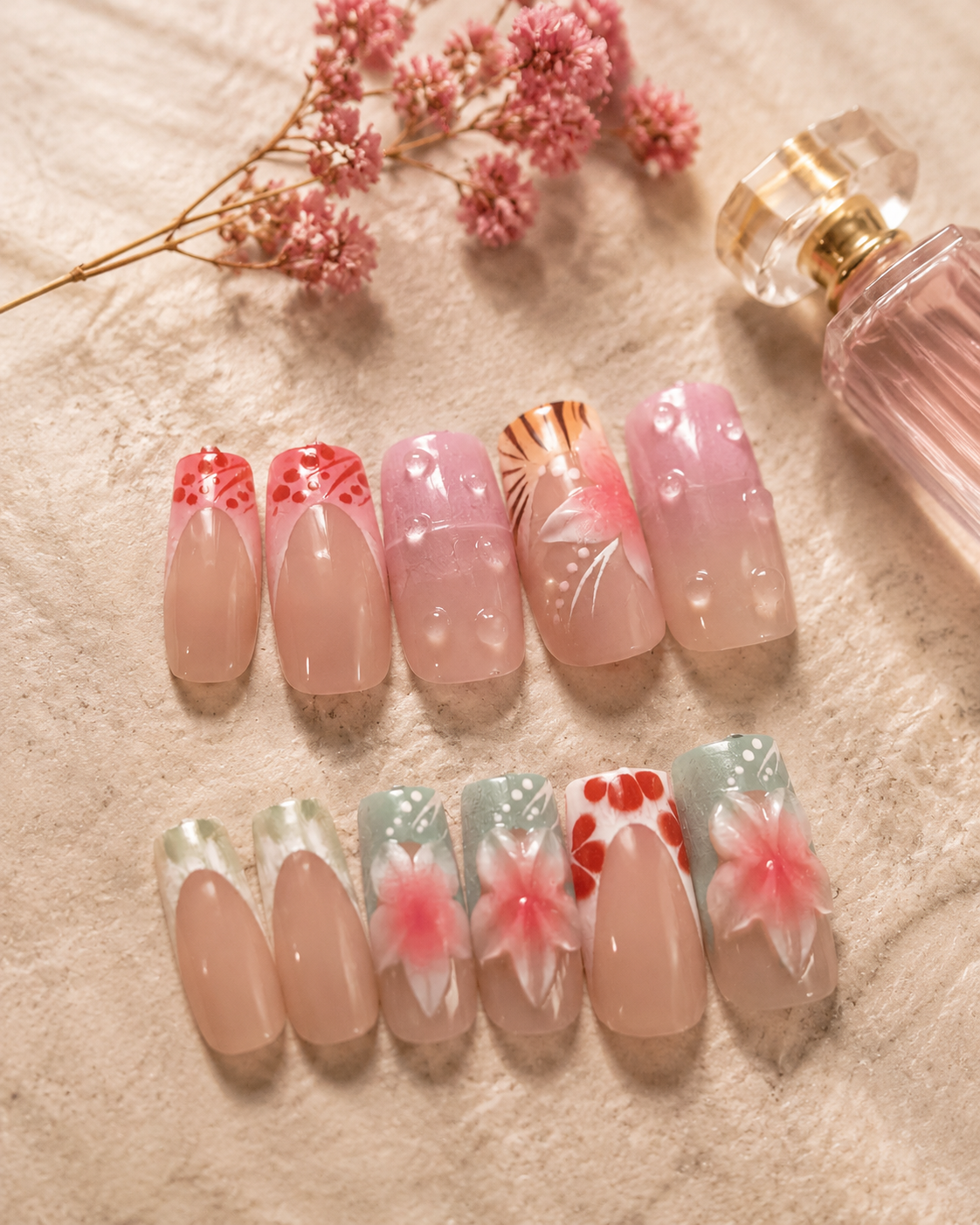 fake nail 3D Embossed Floral Press On Nails, Orange Pink Green Gradient Spring Manicure Reusable Acrylics
