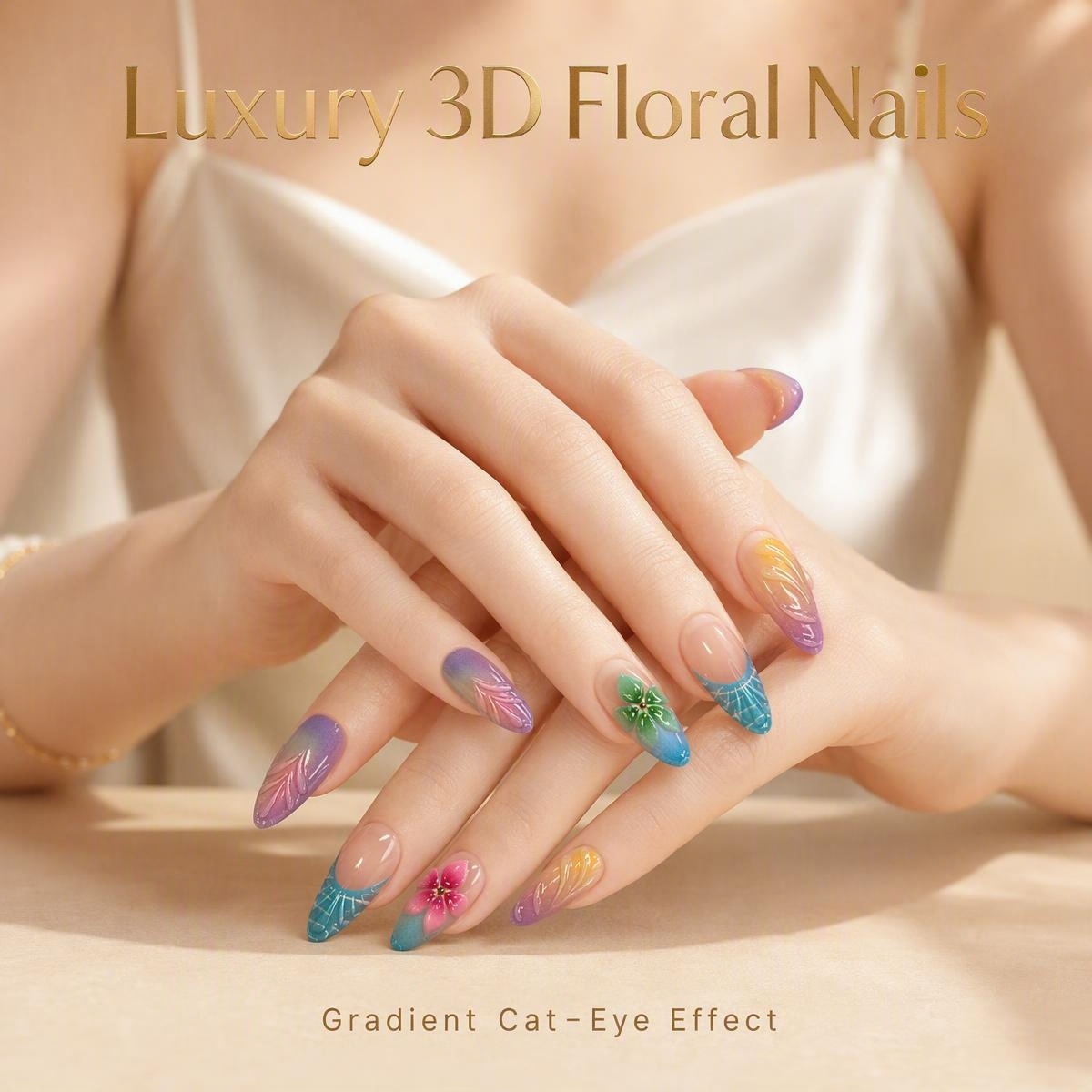 fake nail 3D Embossed Floral Press On Nails, Orange Pink Green Gradient Spring Manicure Reusable Acrylics