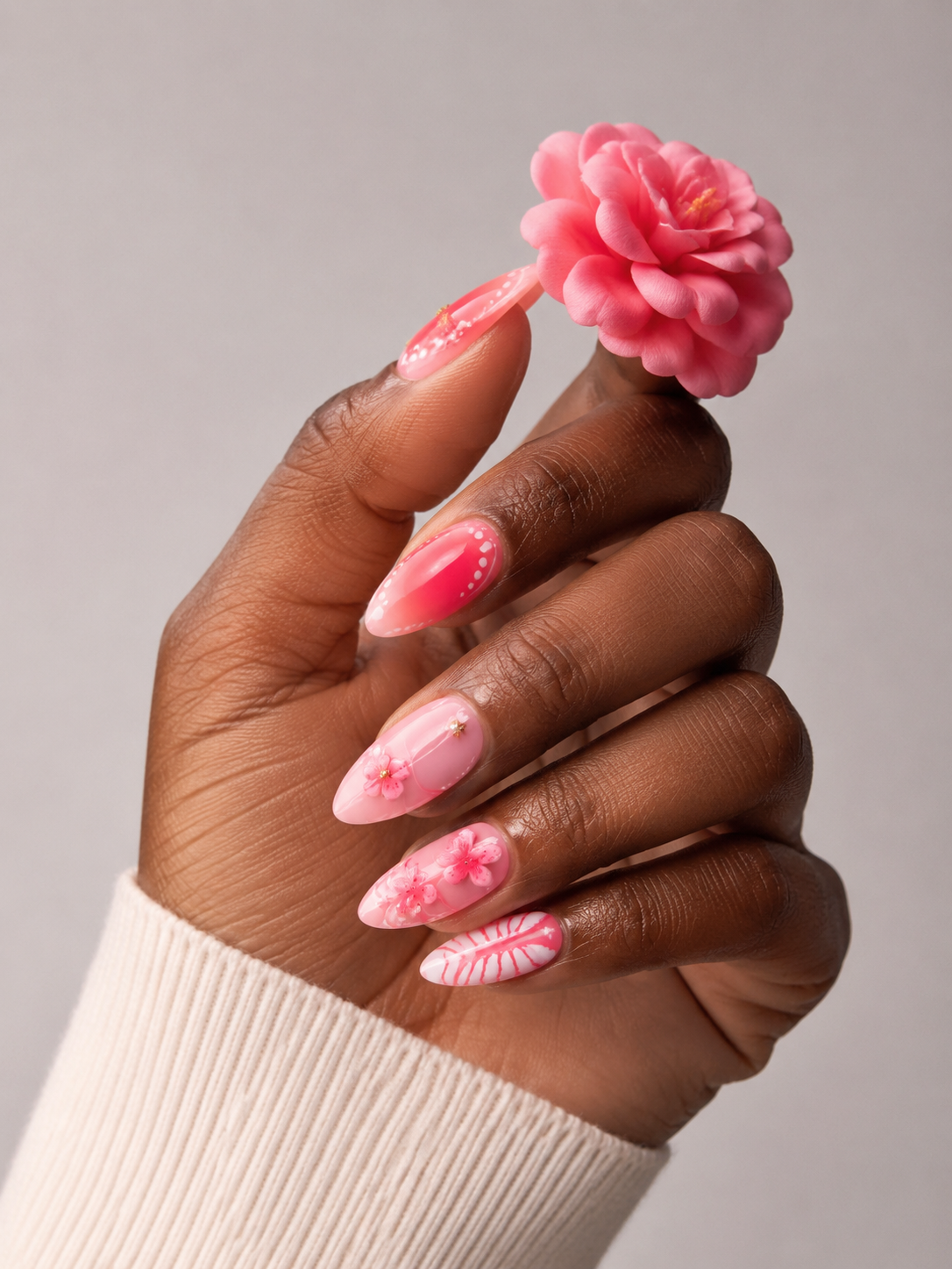 fake nail 3D Embossed Floral Press On Nails, Orange Pink Green Gradient Spring Manicure Reusable Acrylics