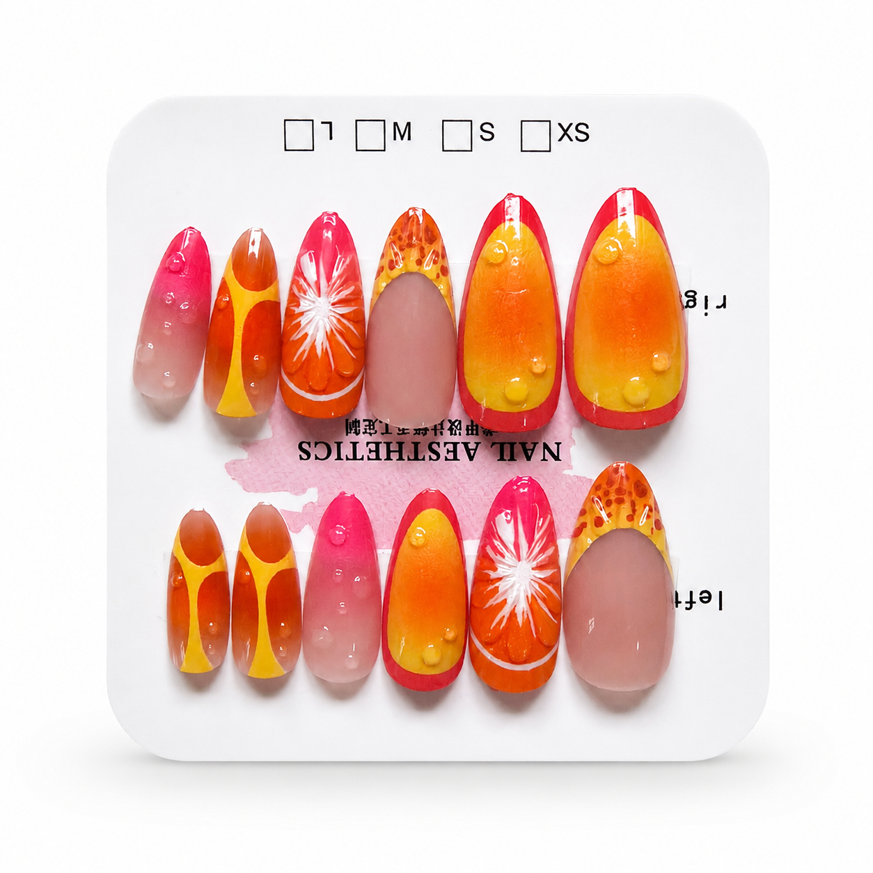 fake nail 3D Embossed Floral Press On Nails, Orange Pink Green Gradient Spring Manicure Reusable Acrylics