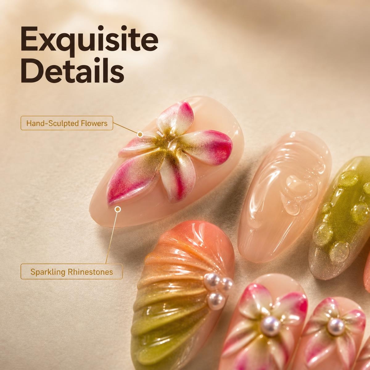 fake nail 3D Embossed Floral Press On Nails, Orange Pink Green Gradient Spring Manicure Reusable Acrylics