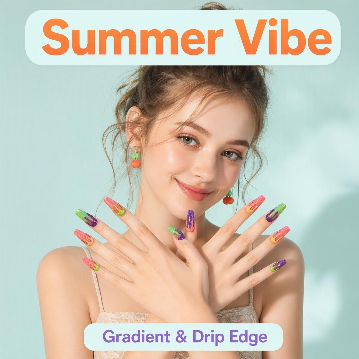 fake nail 3D Embossed Floral Press On Nails, Orange Pink Green Gradient Spring Manicure Reusable Acrylics