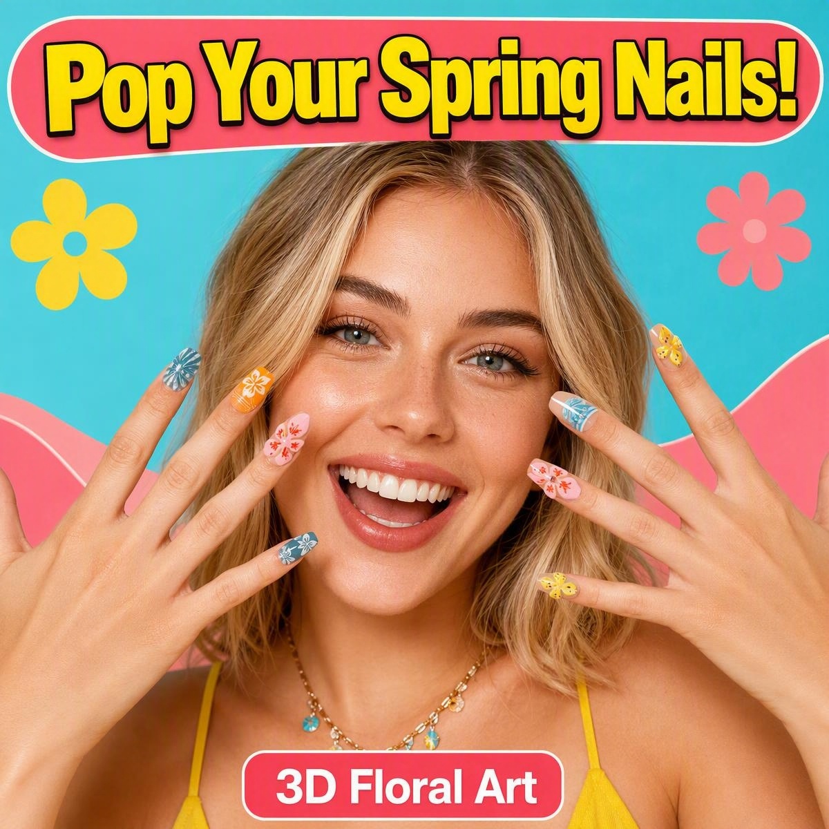 fake nail 3D Embossed Floral Press On Nails, Orange Pink Green Gradient Spring Manicure Reusable Acrylics