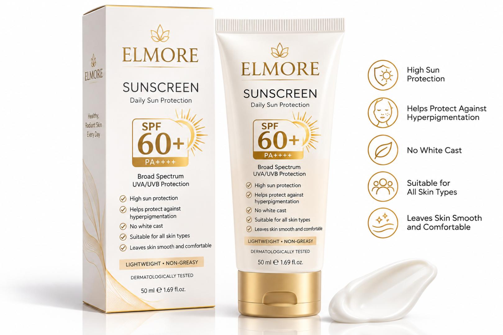ELMORE Sunscreen SPF 60+ Its lightweight, non-greasy formula leaves the skin smooth and comfortable without a white cast, suitable for all Skin types.