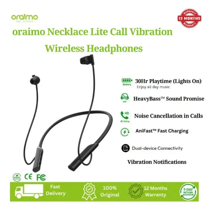 [Annivesary Offer] Oraimo Necklace Lite Call Vibration Wireless Headphones Audio and Video Sync in Game Noise Cancellation in Calls Dual Device Connection 30-hour Long Playtime Neck band